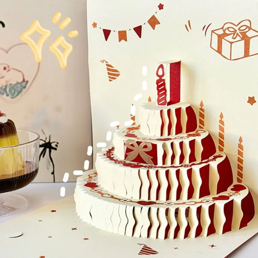 Colorful 3D Happy Birthday Card Surprise Gift Four-Layer Cake Pop-Up Greeting Card with Envelope Paper Birthday Greeting Card
