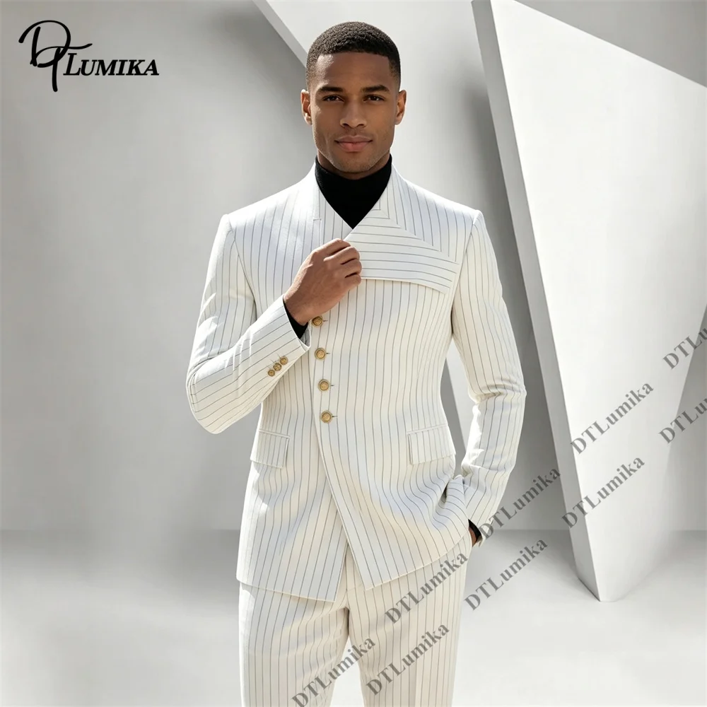 Men's 2 Piece White Pinstripe Suit Asymmetric Diagonal Placket Blazer Pants Set Slim Fit Fashion Designer Style Wedding Prom
