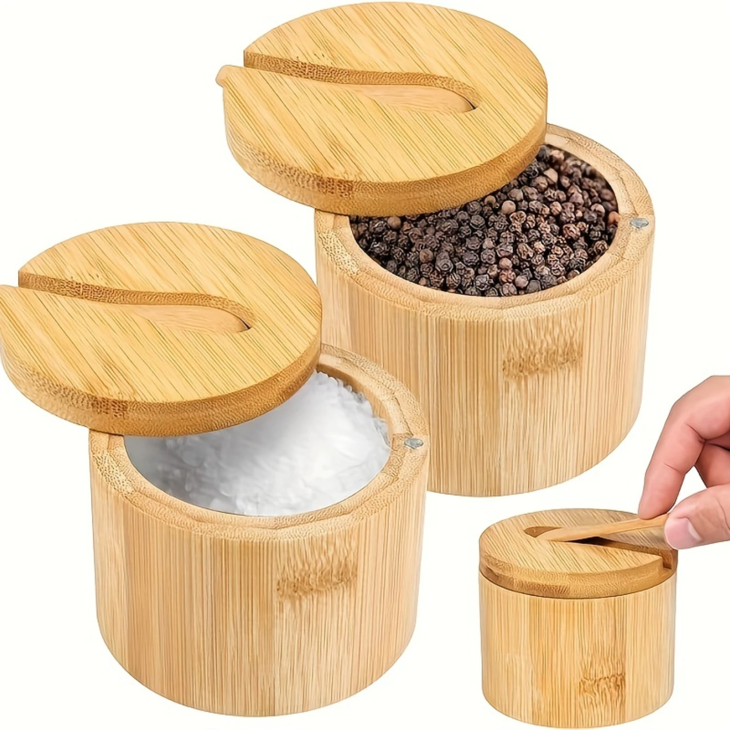 

Bamboo Salt & Pepper Shaker Set With Spoon - Swivel Lid, Stackable Design For Organization, Perfect For Salt, Herbs & Spices