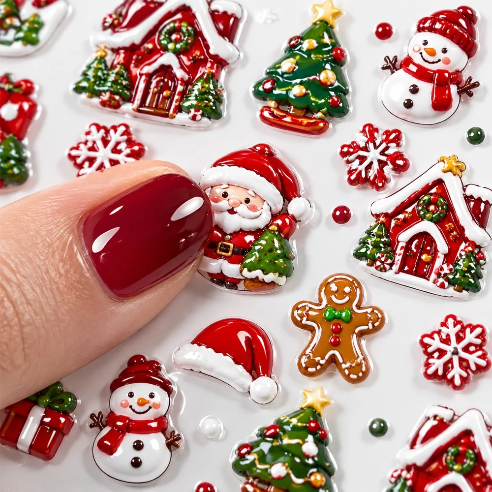 1Pc Festive Nail Decals 5D Embossed Gingerbread House Snowman Snowflake Self Adhesive Sliders Christmas Party DIY Nail Decor Set