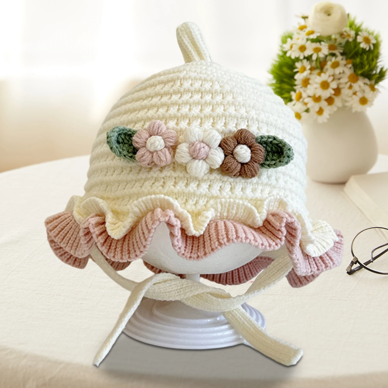 

Suefunskry Baby Girls Knitted Bucket Hat Adorable Flowers Crochet Winter Warm Woolen Cap for Daily Casual Use