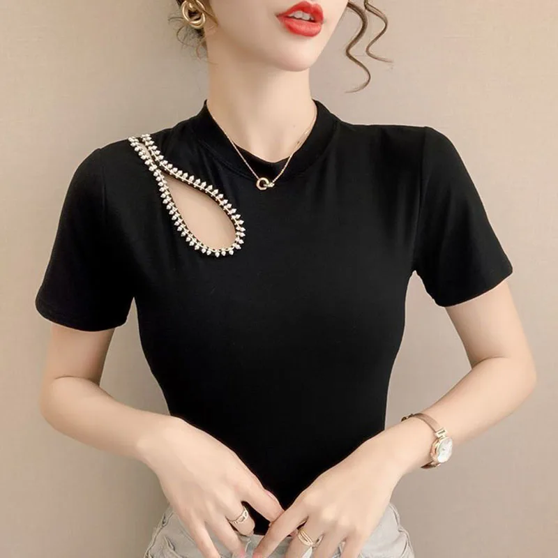 Elegant O-Neck Asymmetrical Diamonds Blouse Women\'s Clothing 2023 Summer New Casual Pullovers All-match Office Lady Shirt