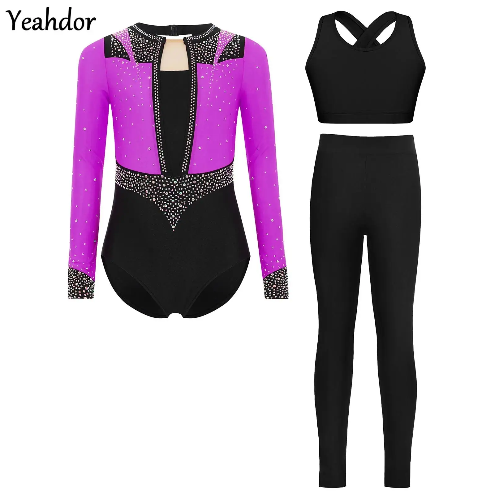 

Спортивный гимнастический наряд для девочек-подростков, купальник с длинными рукавами и замочной скважиной на спине, стразы, боди + жилет + леггинсы, комбинезон для балета и катания на коньках