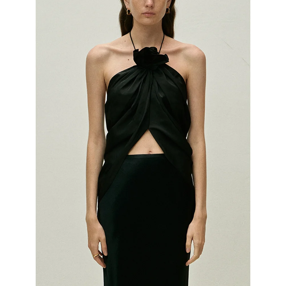 

2025 Spring/Summer New Casual Pleated Sleeveless Halter Backless Top For Women