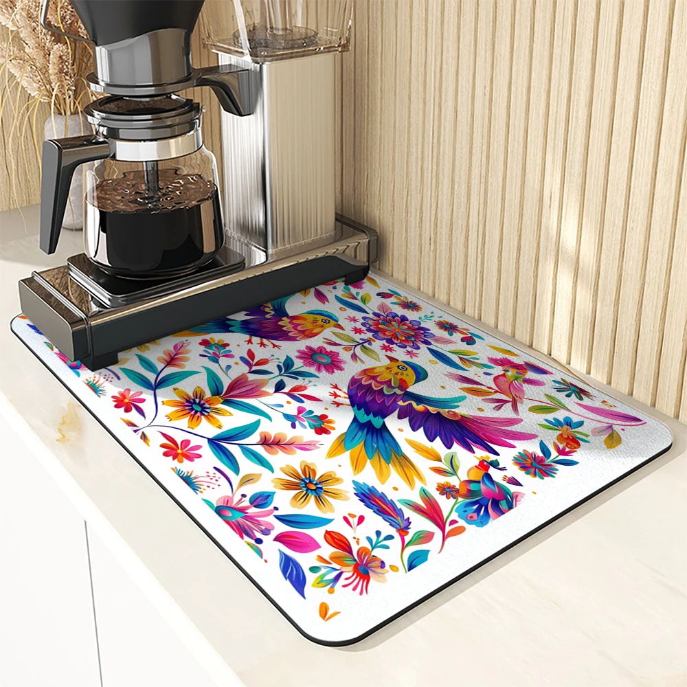 Kitchen Absorbent Drying Mat Hand-painted Mexican Bird Flowers Kitchen Table Decoration & Accessories Color Pattern Tables Mats