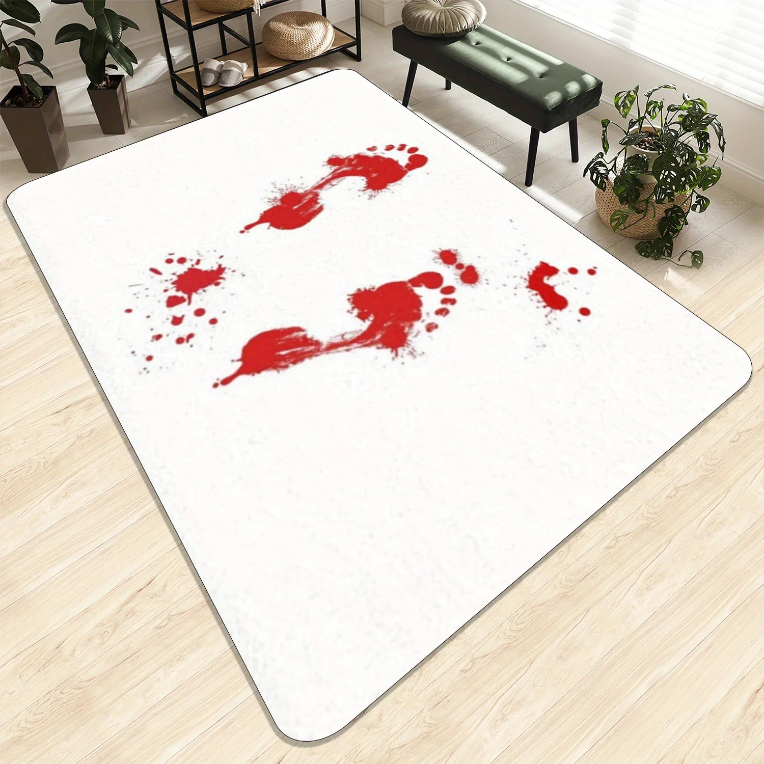 1pc  2D Flat Bloody Footprints Red Splatter White Background Flannel Bath Mat Non Slip Halloween Horror Rug For Bathroom Floor