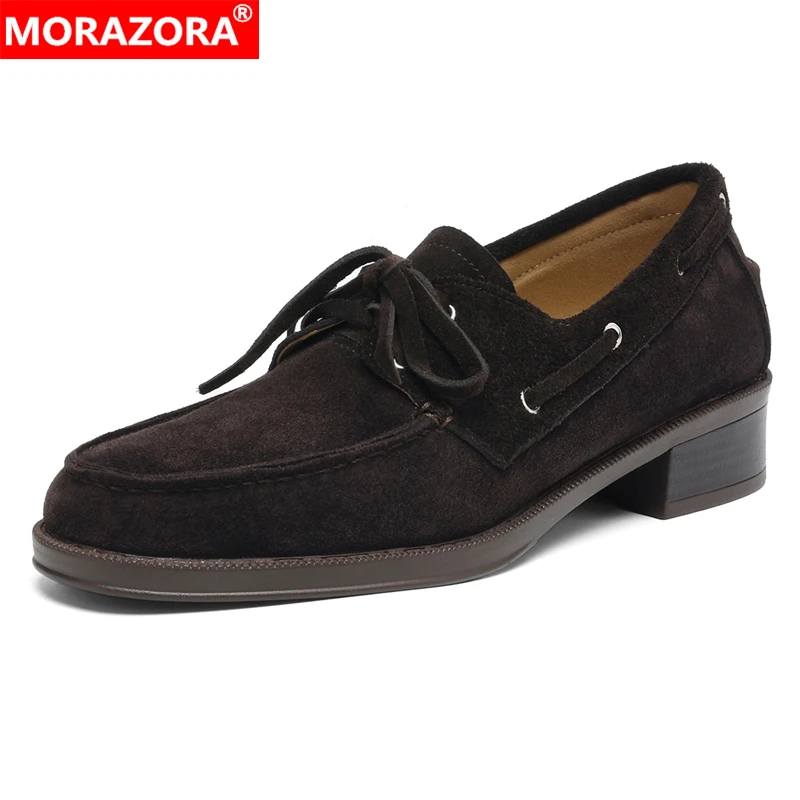 

MORAZORA, размеры 34–43, новые женские лоферы из коровьей замши, женские офисные модельные туфли ручной работы на среднем каблуке со шнуровкой в стиле ретро