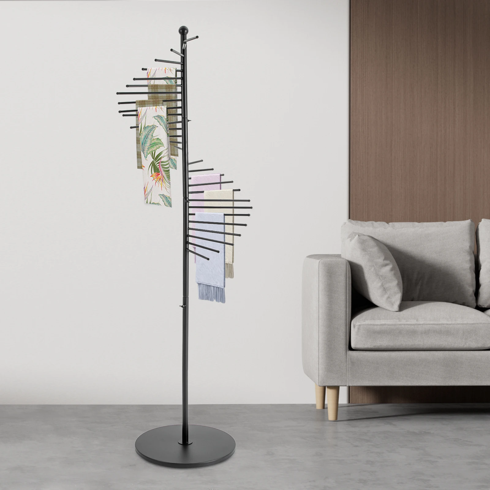 

Modern Black Spiral Scarf Display Rack - Floor Standing Scarf Organizer for Retail Store Boutique - 5.58ft Tall with 9.84in Rods