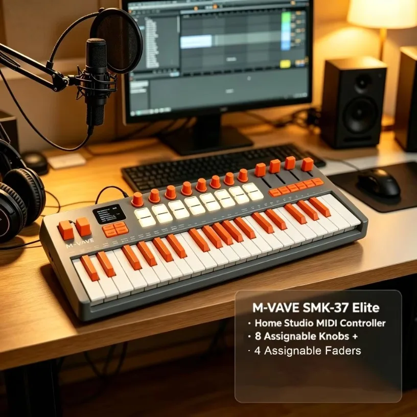 M-VAVE SMK-37 Elite Wireless MIDI Keyboard Controller 37 Velocity Sensitive Keys 16 RGB Pads Bluetooth Portable Music Producer