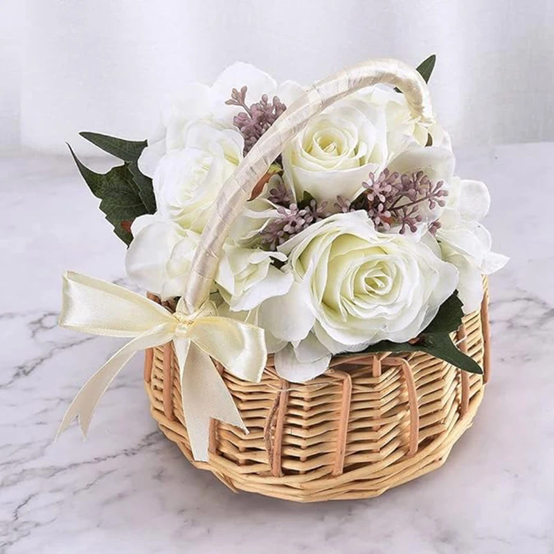Wicker hand-woven flower child basket with handle and plastic plug-in Easter egg candy basket wedding flower child basket image 5