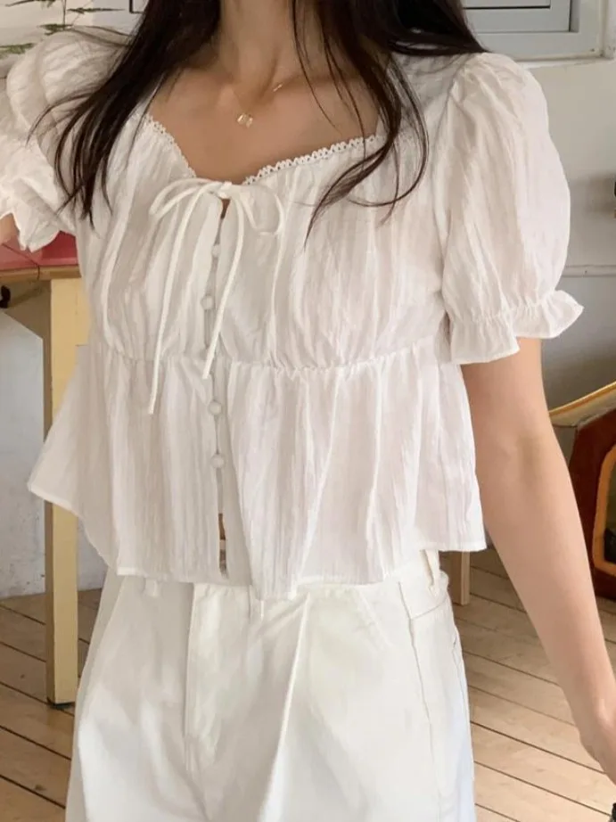 

Chic Summer Vintage ort Sve irt Women's Faion Lace Splice Bow Tie Square Collar Bubble Sve irt Breathable Skin-...