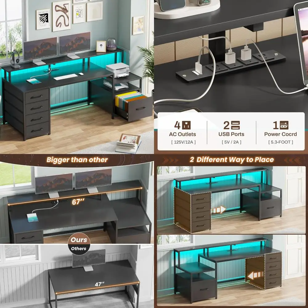 

66 Home Office Desk with 5 Drawers, Power Outlet, LED Lights, File Drawer, and Monitor Shelf