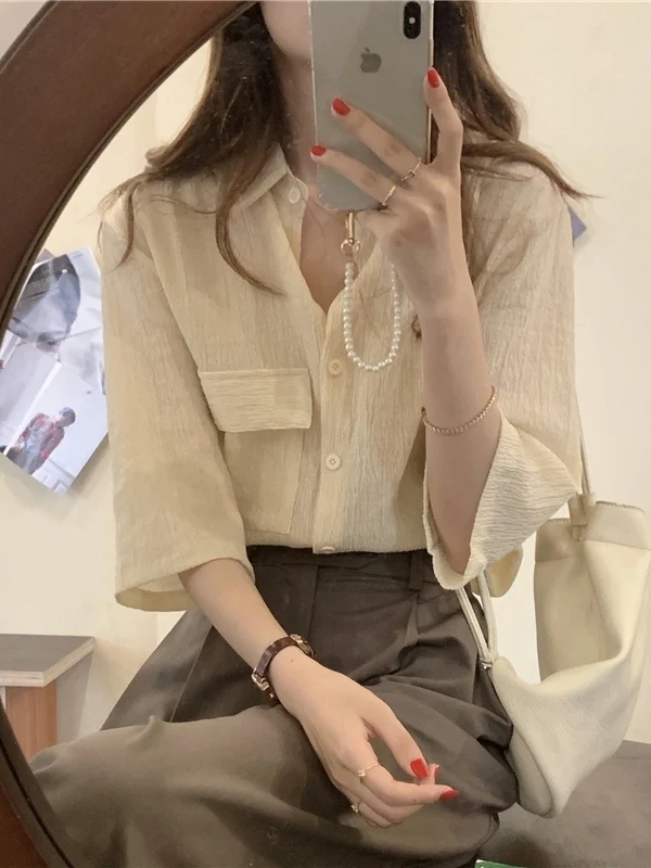 

Korean Sle Vintage Turn-down Collar Loose Women's irt Ele Design Casual Chic Top Seven-quarter Sve Pure Color