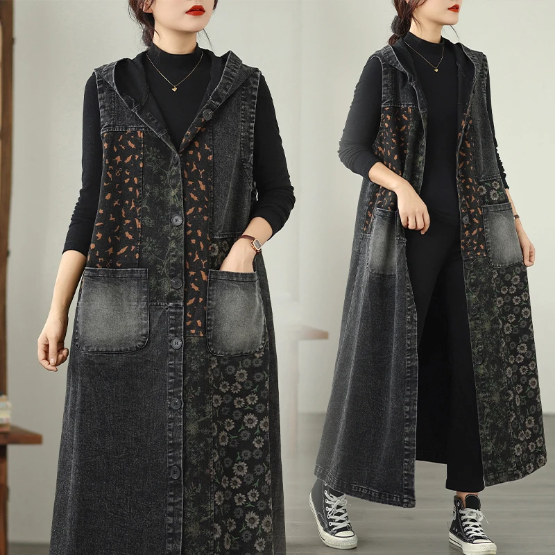 

Retro Oversized Denim Vest Top with Hood Color Blo Long Casual Denim Vest Jaet Long Sle Women's plus Size Clothing