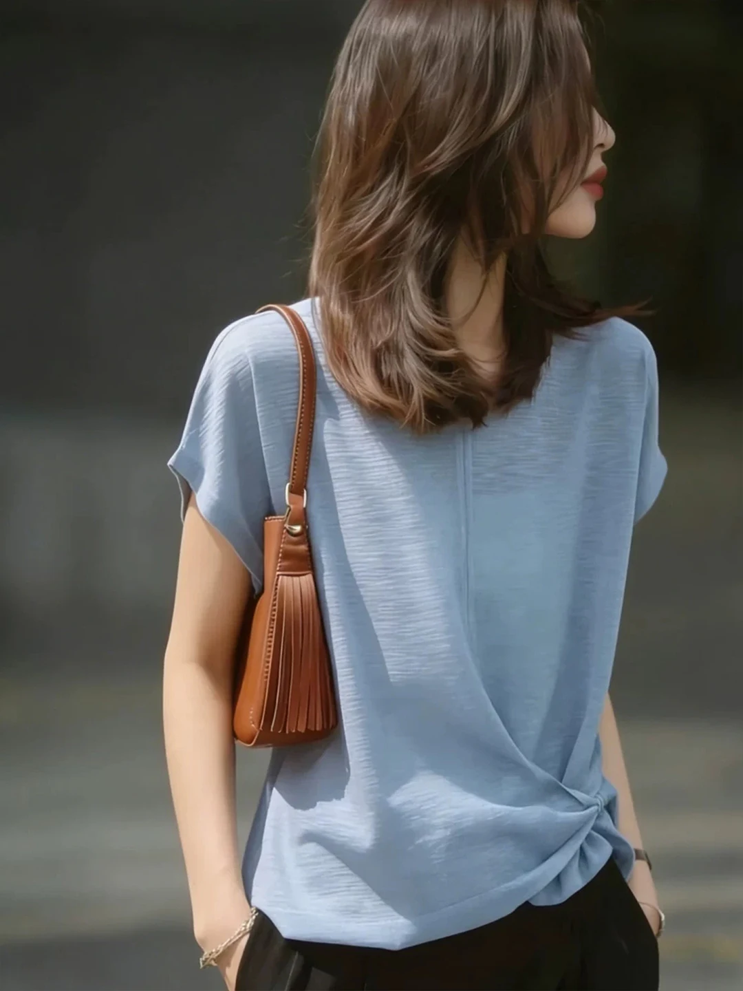 

Summer Soft Pure Color Short Sleeve Women's T-shirt Overhead Design Sensation Versatile Simple Style Korean Version Straight Cut