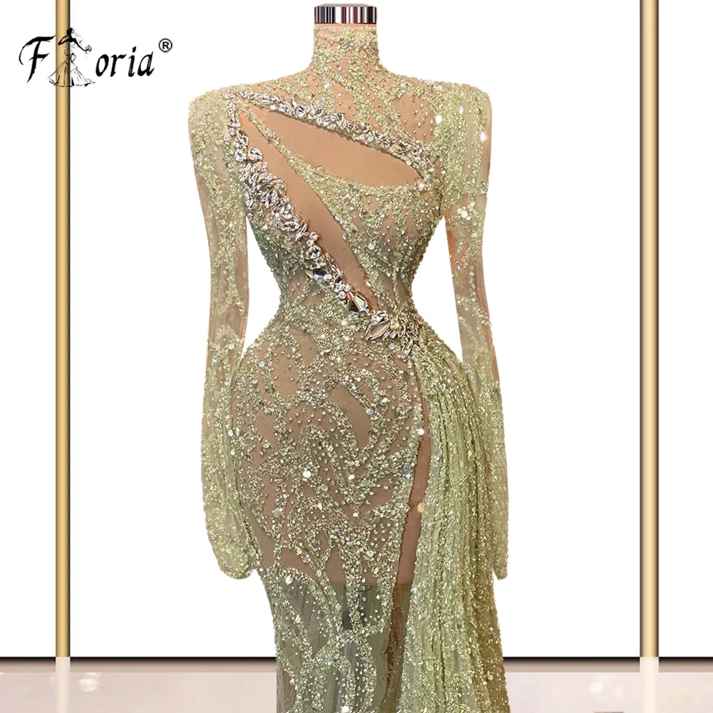 Sparkly Lovertjes Crystal Green Mermaid Avondjurk High Neck Slit Illusion Celebrity Party Jurken 2023 Robe De Soiree