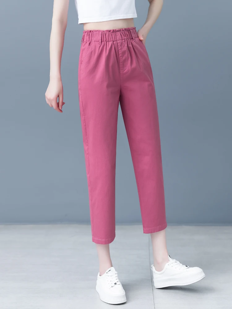 

High Waist Straight Leg Harlan Pink Cotton Casual Pants Women's Summer New Style Eight Parts Trousers Comfortable Breathable