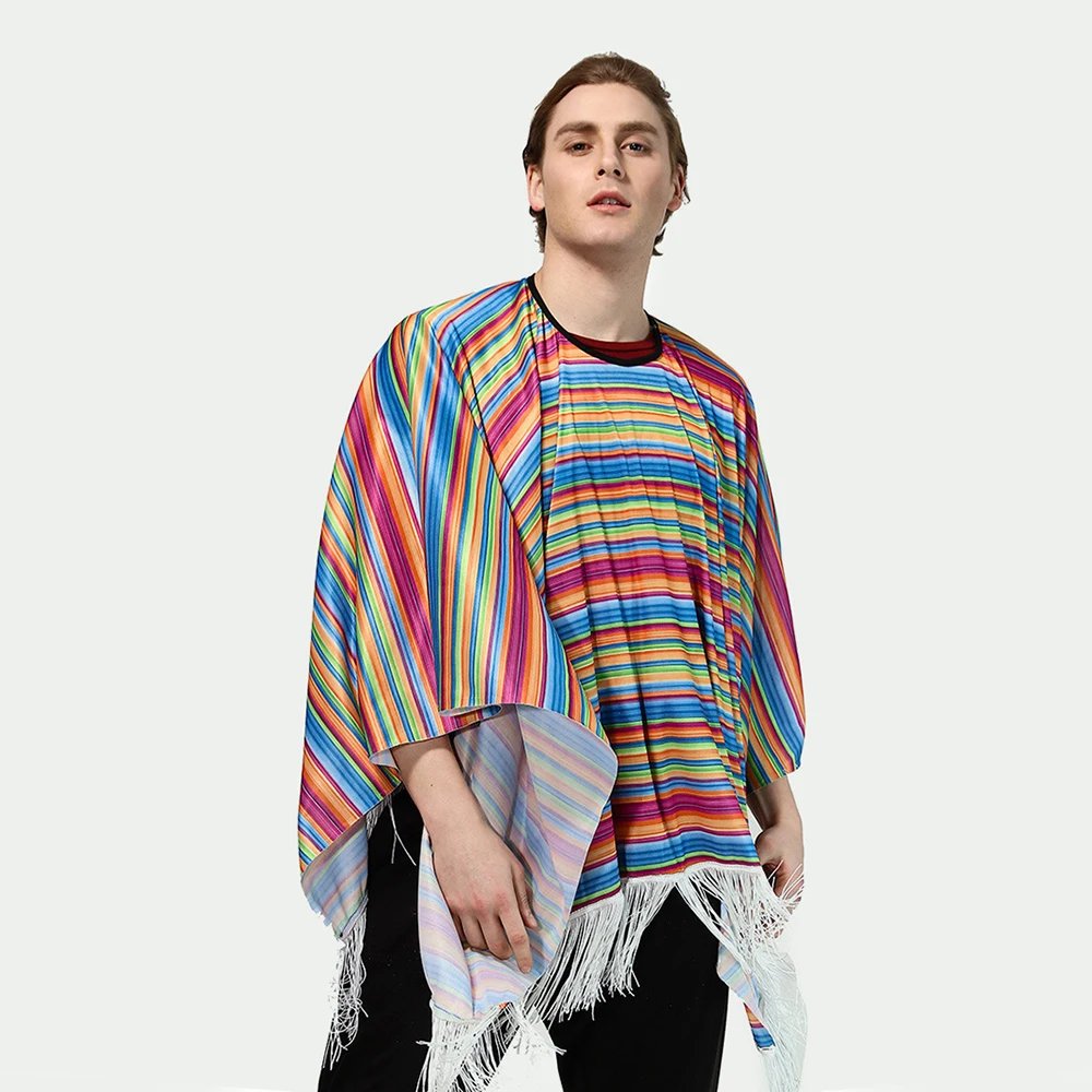 Cape de style ethnique mexicain pour adultes, fête de vacances, rayé coloré, châle Everak, costume de cosplay d'halloween pour homme