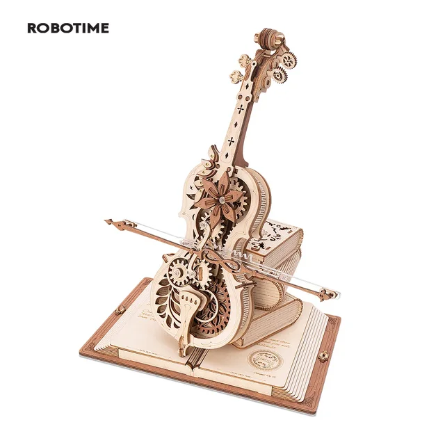 Robotime ROKR 3D drewniane puzzle magiczne wiolonczela mechaniczna pozytywka ruchomy trzonek śmieszne kreatywne zabawki dla dzieci dziewczyny AMK63