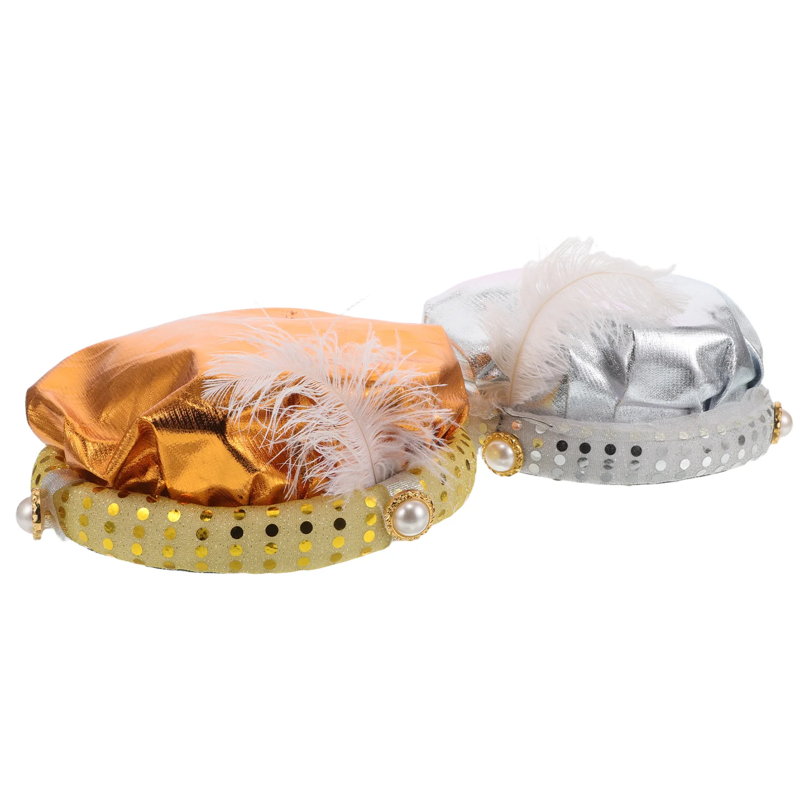 

2 Pcs Indian Prince Hat Golden Silver for Adult Kids Party Costume Accessories Plume Dress up Hats Holiday Decorations