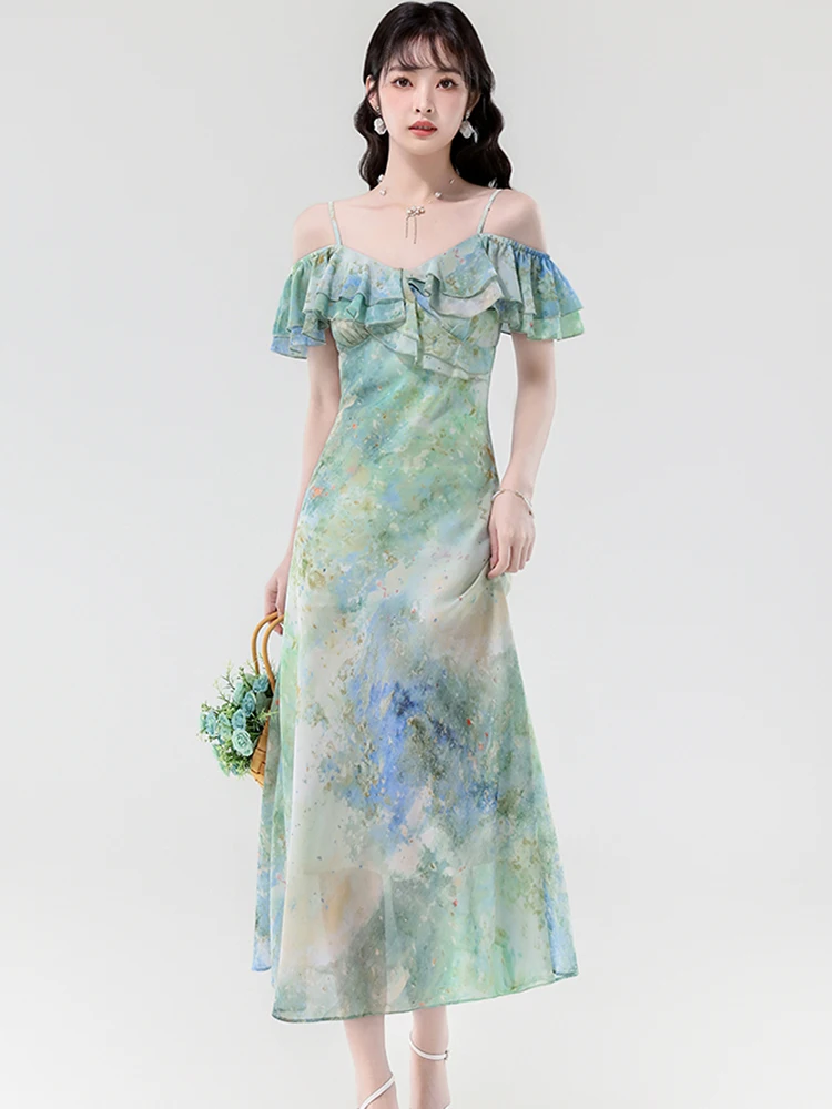 الصيف Bech نمط الأخضر الأزهار شيك تكدرت مثير حبال فستان طويل المرأة أنيقة قطعة واحدة فستان 2025 الكورية Bodycon فستان الحفلات #6