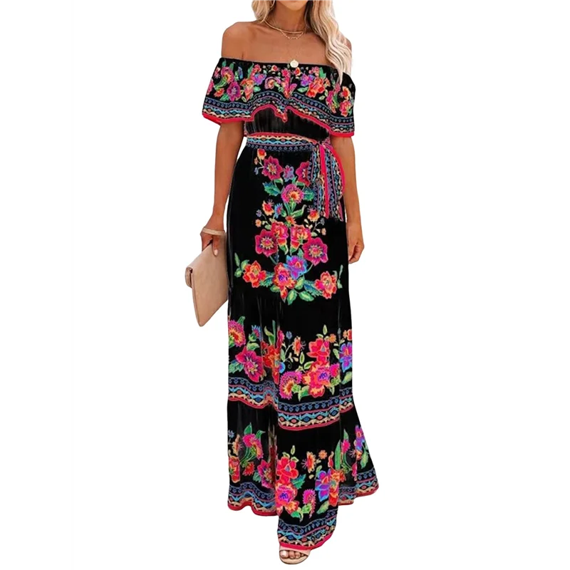 Robe mexicaine d'été pour femmes, imprimé Floral, épaules dénudées, sans manches, longue robe de plage Maxi, nouvelle collection