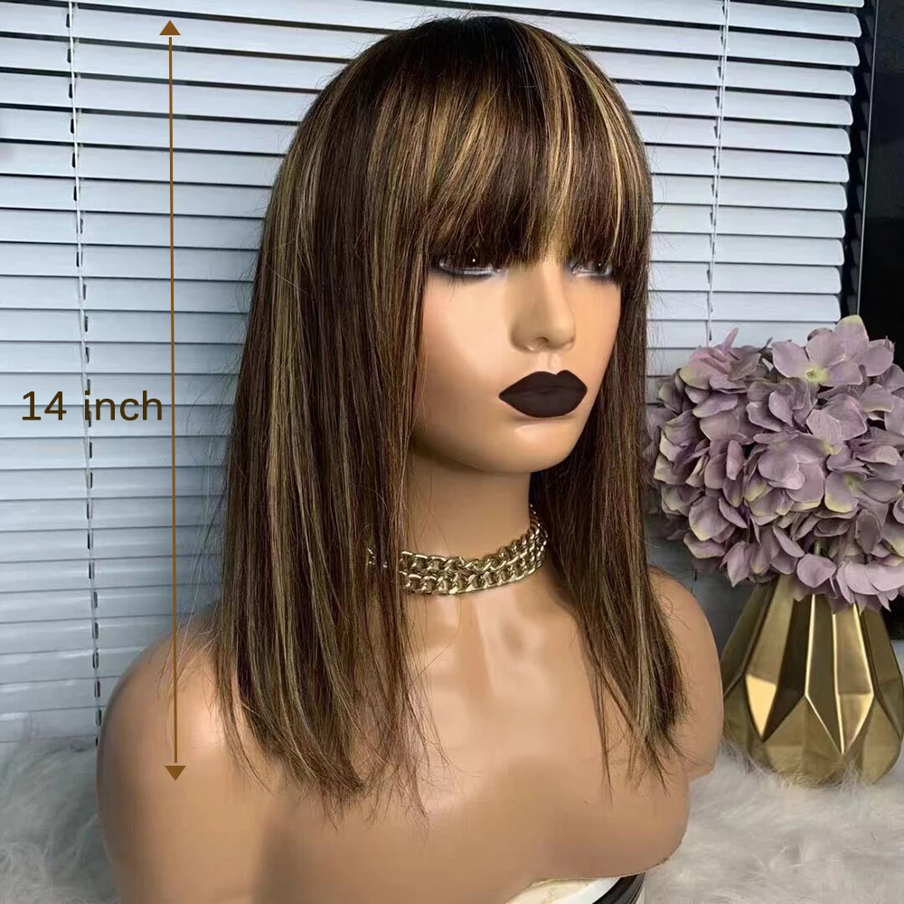 Wigs Human Hair Cameral Brown Highlight Shoulder Long Lace Front Wig with Bang Ombre Straight Bob Cut Wigs for Women American