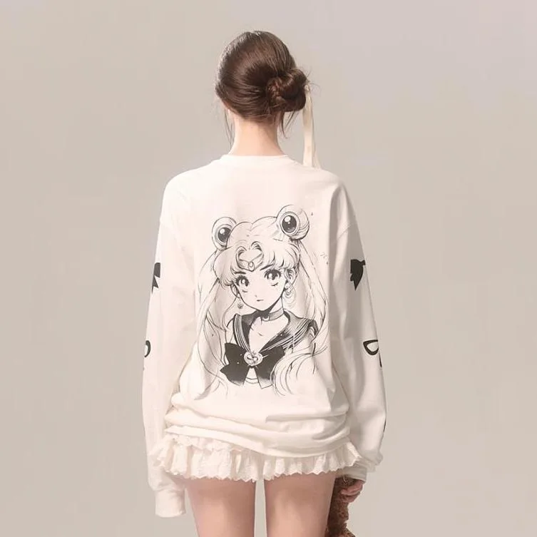 Cartoon Sailors Moon T Shirt 100% Cotton Printed Tsukino Usagi Long Sleeve White T-shirt for Women Girls Harajuku Loose Tees Top