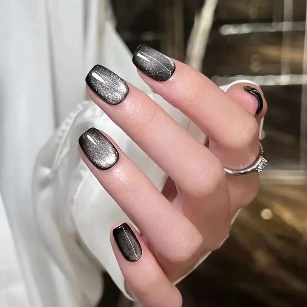 24pcs/box Cat Eye Manicure Press on Nails Reusable Glitter Full Cover Fake Nails Short Stick on Nails DIY Nails Art