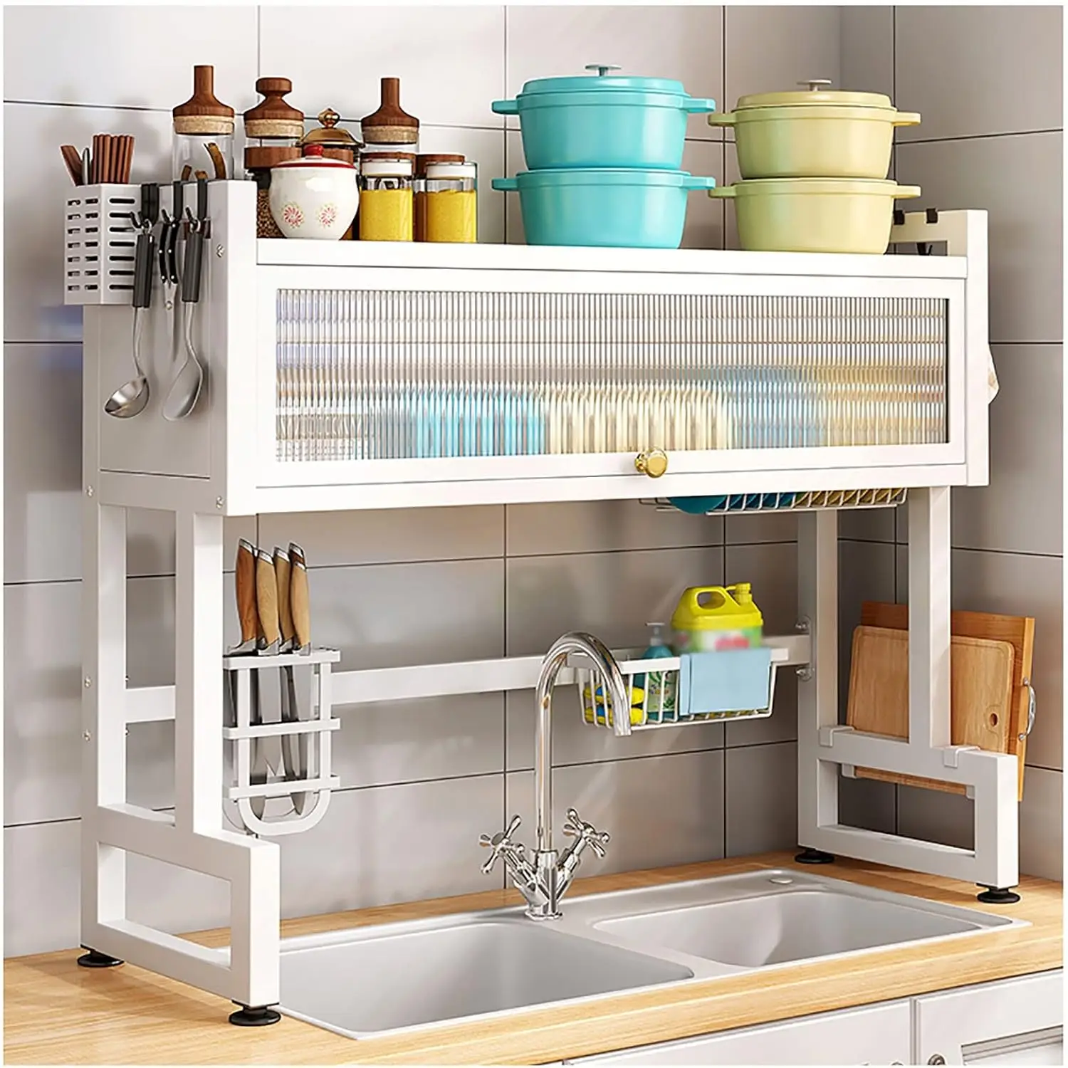 

White 3 Tier Over Sink Dish Rack Drainer with Cover - Space-Saving Organized Drying Rack for Dishes, Glasses, Bowls, Cutlery