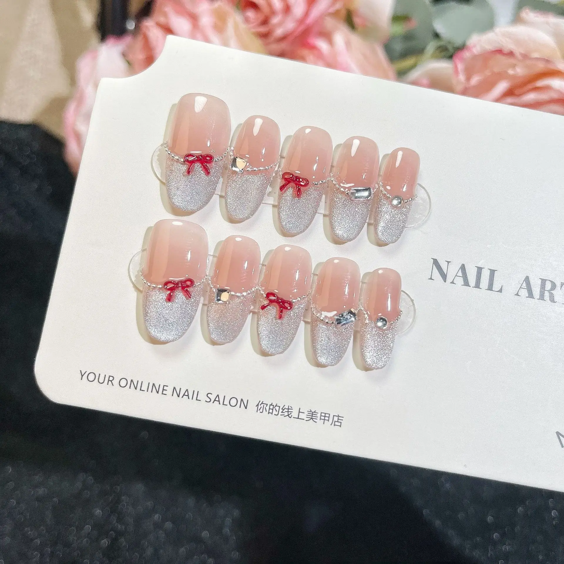 

10pcs Almond French Handmade Nails with Water-Gloss Cat Eye Bow Full Coverage Nail Tips for Women&Girls Removable Wearable Nail