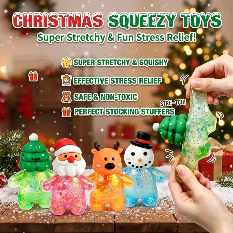 Christmas Santa Snowman Maltose Squishy Fidget Stress Relief Toy Soft Sensory Squeeze Toy Xmas Stocking Stuffer for Teens