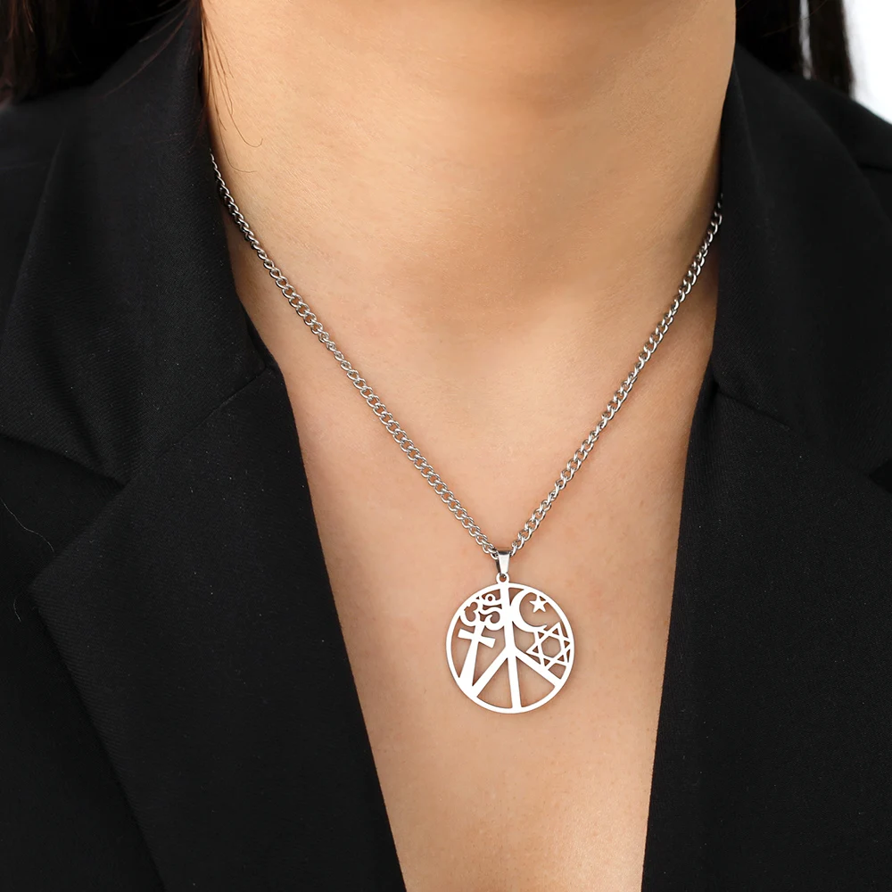 Dawapara Peace Sign Harmony and Coexistence Necklace Star of David Hexagram Cross OM Religious Symbol Stainless Steel Jewelry