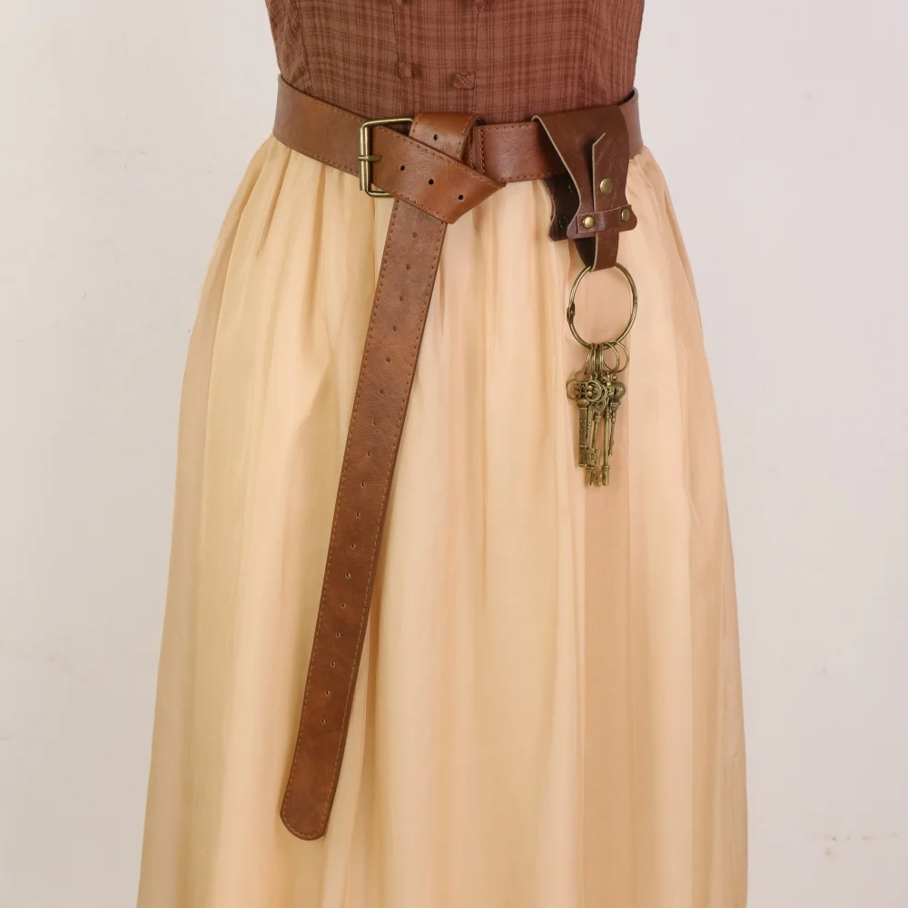 Vintage Distressed PU Medieval Belt with Antique Key Ring, Adjustable Renaissance Waist Cincher, LARP Cosplay Costume Belt for H