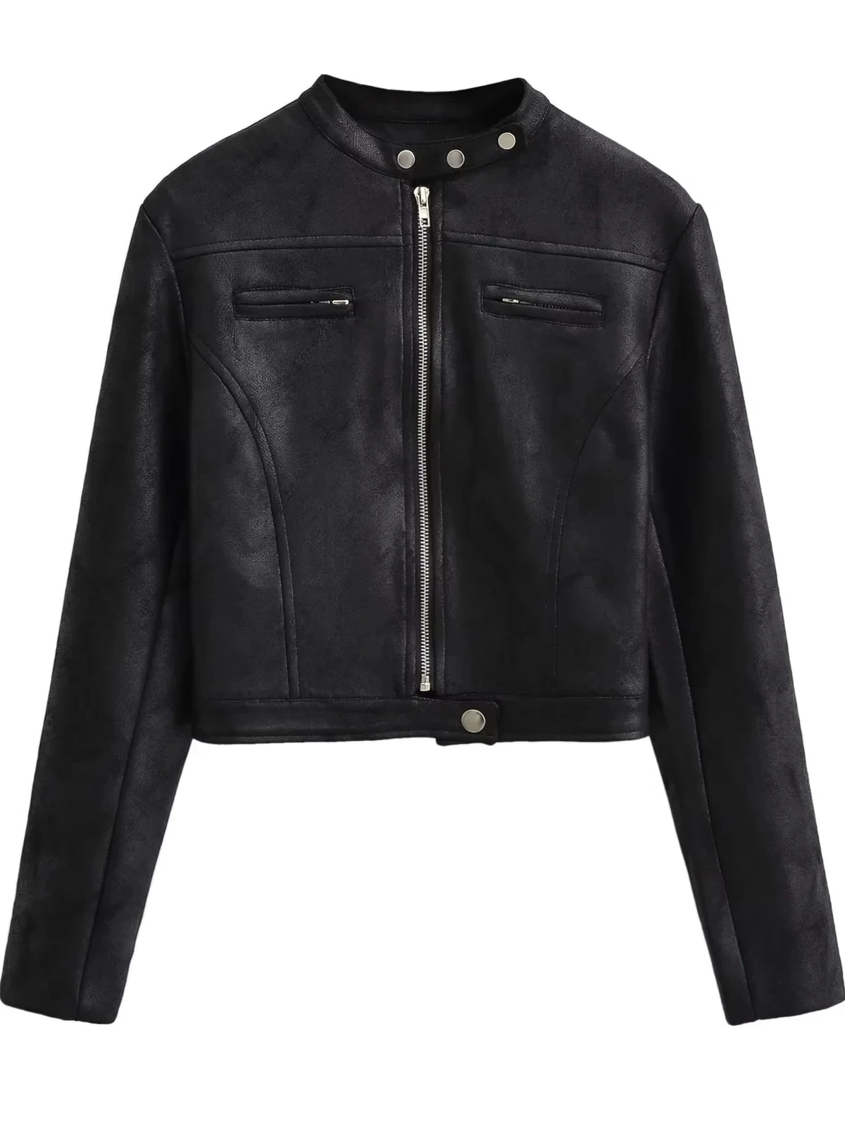 레트로 아메리칸 골드 스탬프 브라운 스탠드 칼라 슬림핏 가죽 재킷 여성용 오토바이 재킷 탑 PU 소재 롱 슬리브