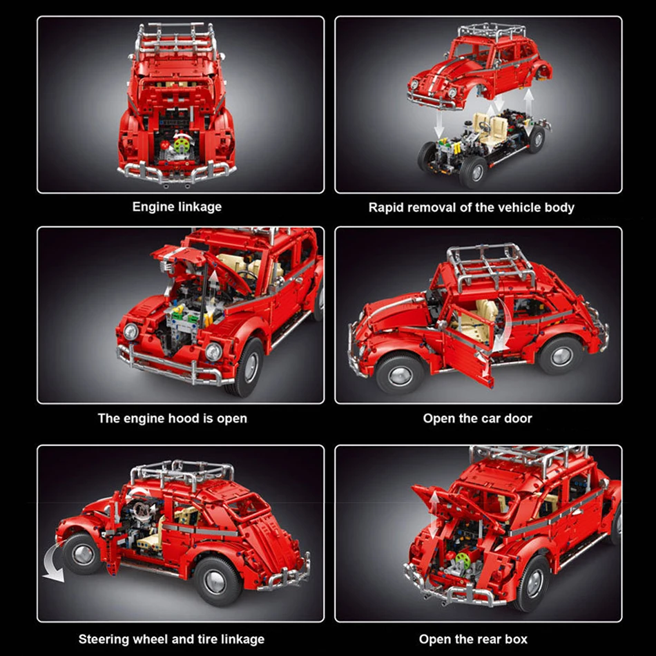MOC 1:10 Skala Klasyczny Samochód Sportowy Red Beetle Model Klocki Konstrukcyjne Retro Pojazd Zestaw Klocków Zabawki dla Dzieci Dorosłych Prezenty