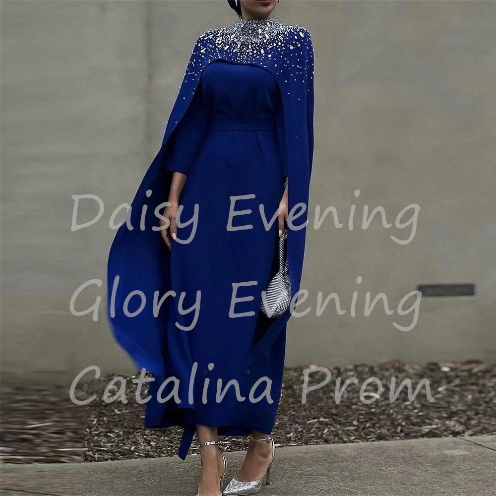 Saudi Arabia Evening Dresses Handmade Beaded Blue Crystal Wraps Long Sleeves Elegant Women Wear Prom Dress Wedding Party Dresses