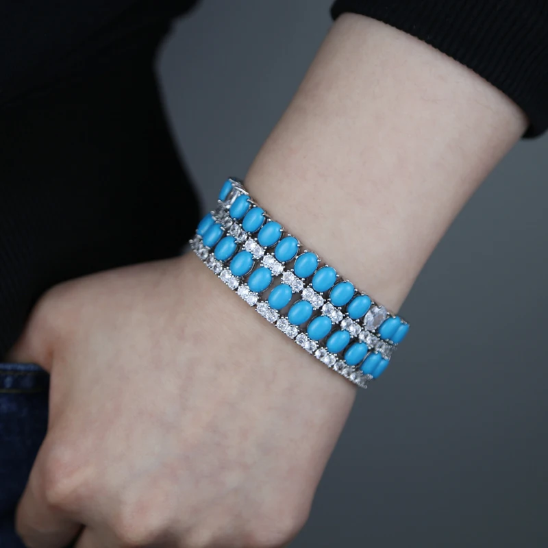 Fashion Jewelry Turquoise Blue Double Row White CZ Stone Tennis Bracelet for Women with Platinum Plated Color Chain 17cm 19cm