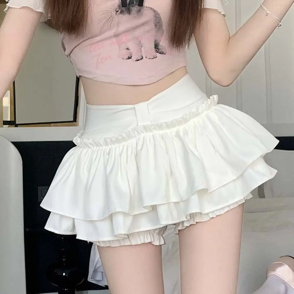 

Fashion Double Layered Mini Cake Skirts Irregular Belt A-line High Waisted Pleated Skirt Ruffle Lolita Shorts Mini Skirt Summer