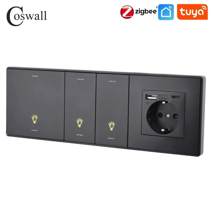 COSWALL Black Matt PC Panel Zigbee 3.0 On / Off Switch & Scene Switch Yandex, Normal EU Socket USB Charger TV RJ45 Modules DIY