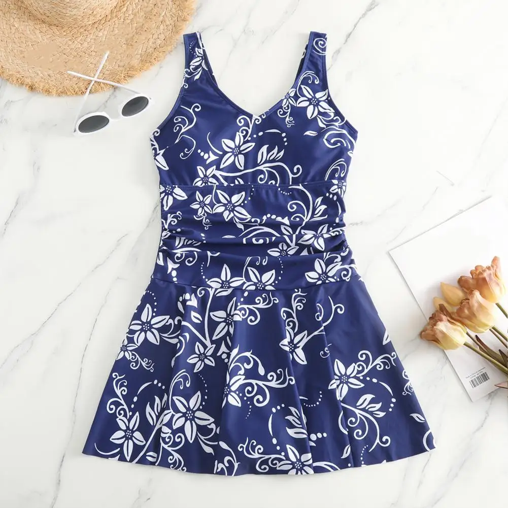 Women Floral Print Monokini Floral Print Monokini Swimwear Dress for Women V-neck One-piece Bathing Suit with Flowy Hem Slim Fit