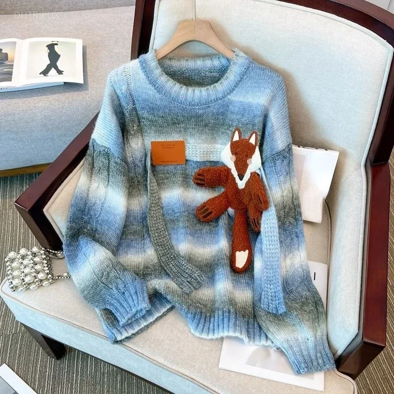 Suéter de Anime para Mujer, ropa de invierno, Jersey coreano, suéter de Mujer con cuello redondo, jerséis de punto gruesos, Tops, jersey a rayas a la moda para Mujer