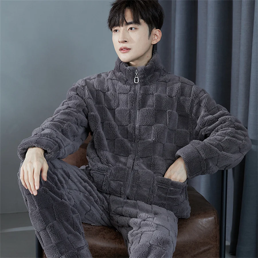 2024 New Winter Warm Sleepwear High Collar Pajamas Set Thickened Homewear for Men Coral Fleece Nightwear Home Clothes Big size