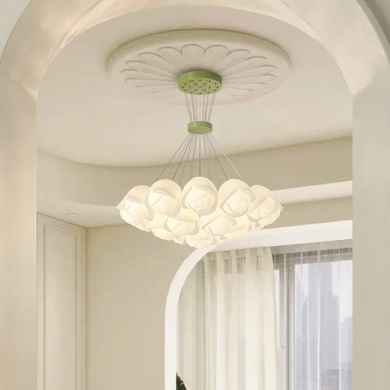 Rose Flower Chandelier White Green Flower Pendant Lamp Nordic Cream Style Chandelier for Living Dining Room Bedroom Kitchen