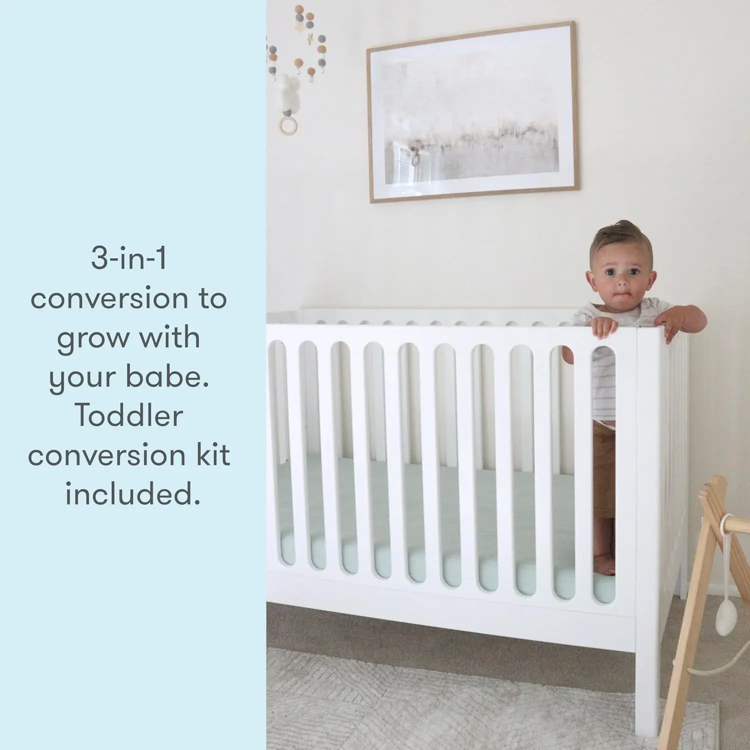 Standard Crib, Solid Beech Wood in White Color, 3-in-1 Convertible Crib with Toddler Bed Conversion Kit