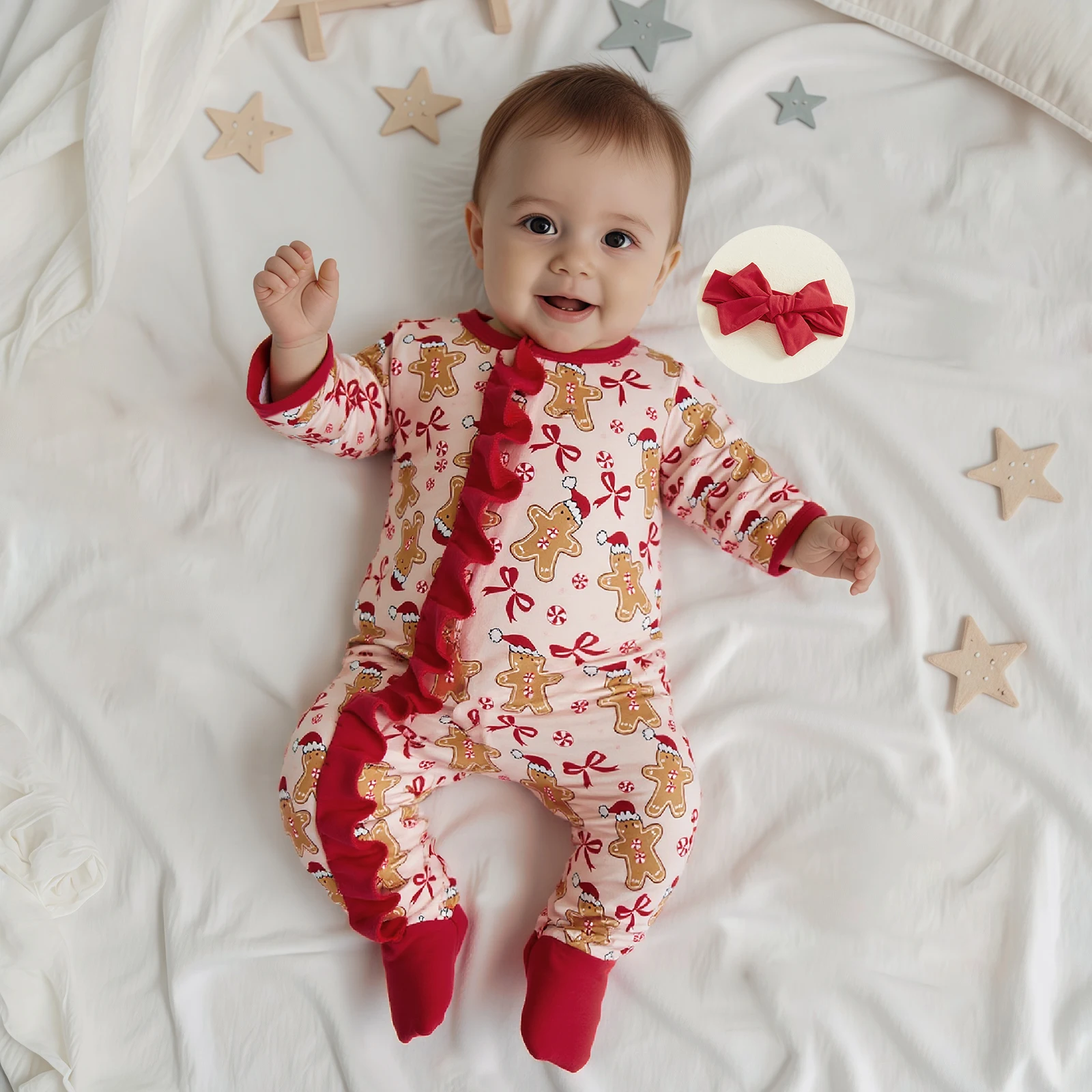 ViSgogo Baby Girl Christmas Outfit Gingerbread Bow Ruffle Long Sleeve Footed Romper and Headband 2 Piece Set