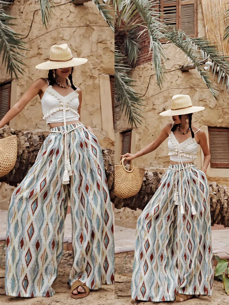 

66-78cm Waist Women Holiday Pants Vintage Vacation Style Diamond Patterned Loose Wide Leg Pants High Waisted Casual Pants