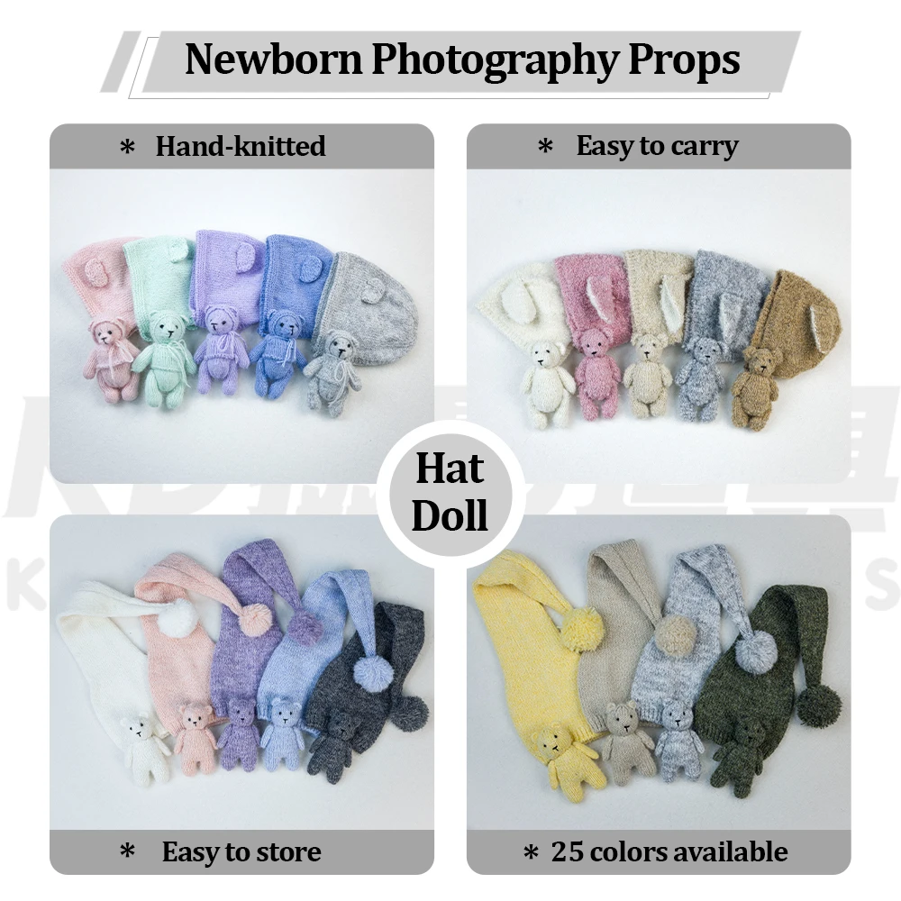 Newborn Photography Props Knitted Dolls&Matching Hat Set Handmade Soft Wool Baby Bonnet for Studio Photoshoot Neutral Color Prop