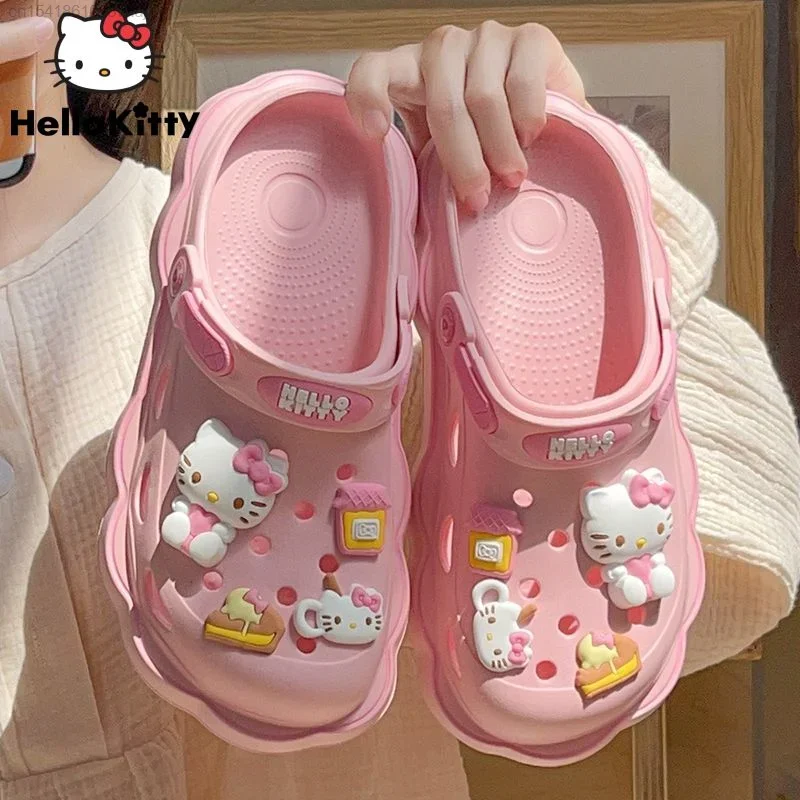 

Sanrio Hello Kitty Kawaii Lolita Cave Shoes Women's Summer Sandals with Thick Heels Kuromi Cinnamoroll Casual Slippers Female