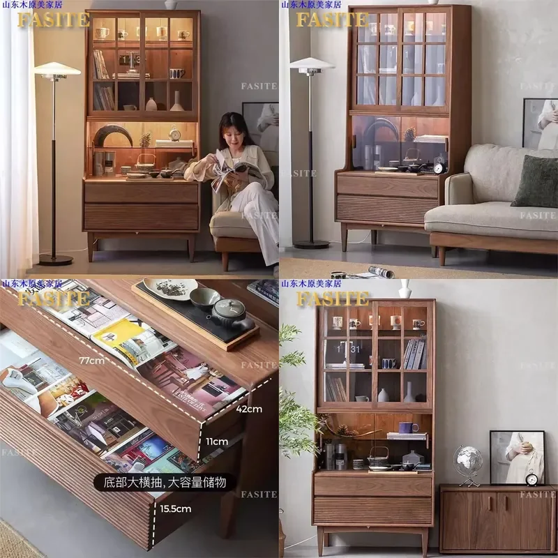 For Nordic Black Walnut Solid Wood Bookcase Retro Glass Door Dustproof Display Case Simple Cherry Wood Bookshelf Storage